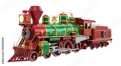 highly detailed ruby red classic festive steam locomotive decorated with wreaths and gold filigree, isolated against a bright white background. concept of luxury holiday travel and craftsmanship