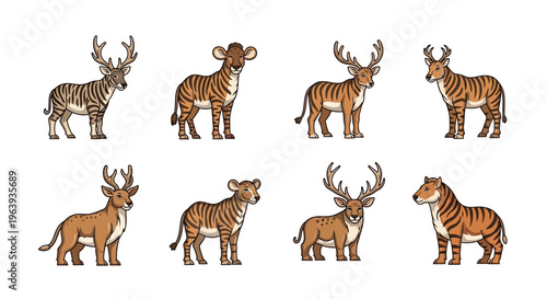 Set of Fantasy Hybrid Creatures with Deer Antlers and Tiger Stripes