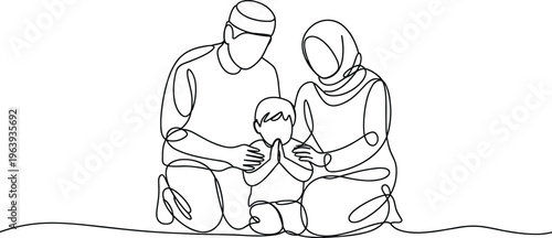 Muslim family praying together line art illustration, Islamic prayer concept with parents and child, spiritual bonding, faith, and religious lifestyle vector design
