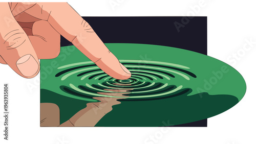 Finger creating ripples on green surface, concept of impact and influence