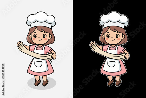 Adorable Cartoon Baker Girl Stretching Fresh Dough for Artisan Breads and Pastries
