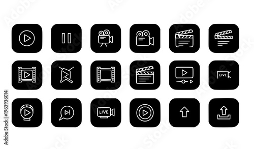 Video and cinema solid icons in rounded square containers media player controls and production symbols vector set