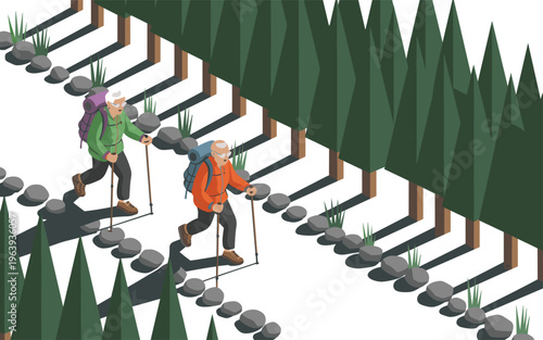 Senior hikers trekking in forest mountains, elderly couple hiking with backpacks and poles, outdoor adventure, healthy lifestyle flat vector illustration