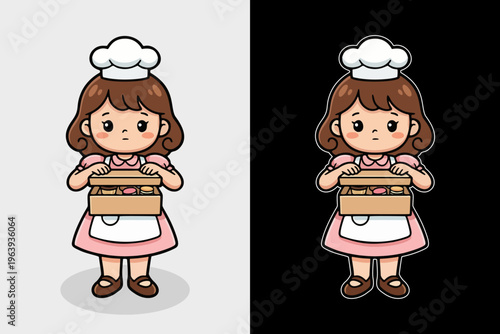 Adorable Cartoon Baker Girl Carefully Closing a Bakery Box Filled with Delicious Sweets