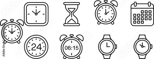 Set of modern clock, hourglass, calendar, and smartwatch outline icons, time management symbol collection for scheduling, planning, productivity, and reminders design
