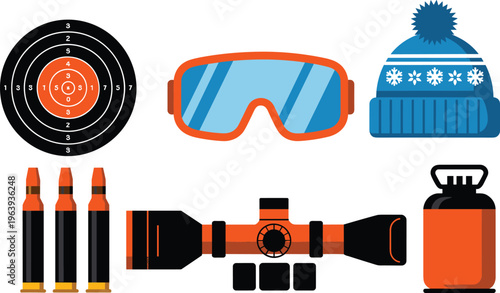 Shooting and hunting equipment icons set, target, bullets, rifle scope, goggles and gas cylinder, sport shooting flat vector illustration