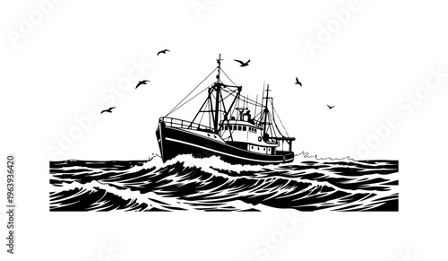 Vintage Fishing Trawler at Sea with Seabirds