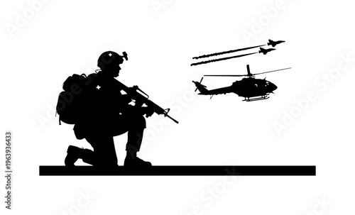 Military Soldier with Helicopter and Missiles Vector Illustration