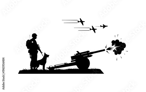 Soldier Operating Artillery Gun with Dog