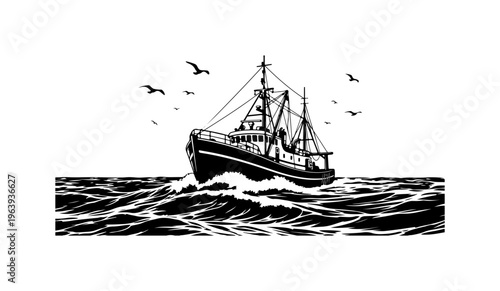 Vintage Fishing Trawler at Sea with Birds