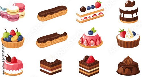 Sweet Dessert Collection Featuring Cakes, Macarons, Eclairs, and Fruit Tarts Illustration Set