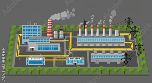Detailed Illustration of a Power Plant with Smoke Stacks and Infrastructure.