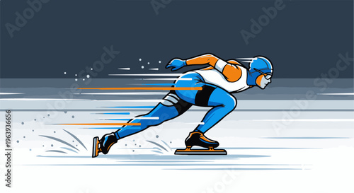A stylized illustration of a speed skater in motion, with blurred streaks indicating speed