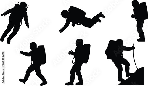 Astronaut silhouettes set vector illustration, space explorer poses in zero gravity and walking isolated design collection
