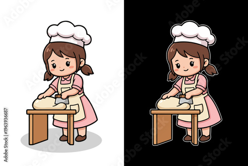 Charming Cartoon Baker Girl Skillfully Cutting Fresh Dough with Cutter on Table