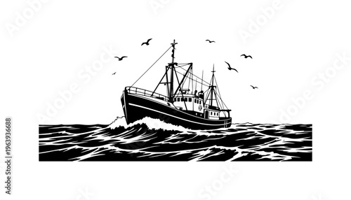 Vintage Fishing Trawler at Sea with Seagulls