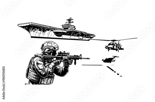 Military Soldier Engaging Targets with Assault Rifle