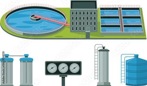 Water treatment and purification facility set with tanks, filtration systems, pipelines and control equipment, industrial clean water processing flat vector illustration