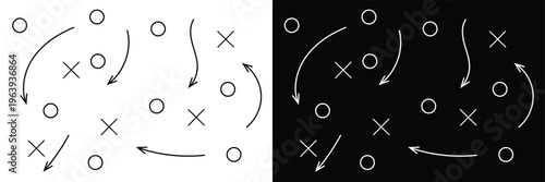Soccer Match game strategy and tactic plan line icon. isolated on white and black background. Playbook of coach. Strategic organization on field for learning. Vector graphics. Vector illustration . 