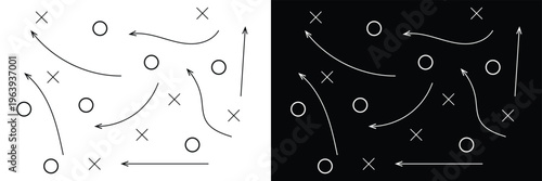 Soccer Match game strategy and tactic plan line icon. isolated on white and black background. Playbook of coach. Strategic organization on field for learning. Vector graphics. Vector illustration . 