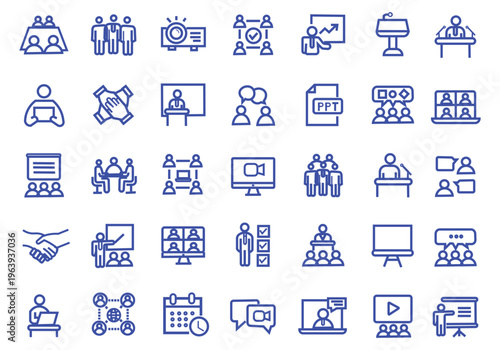 Teamwork icon set. Business related line icons: meeting, cooperation, support, collaboration, partnership, society, workshop, work group, human resource and more. Editable stroke. Vector illustration.