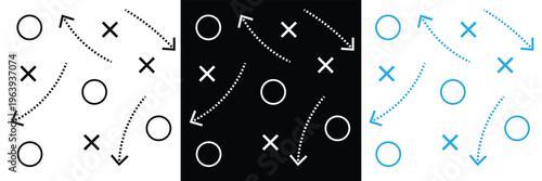Soccer Match game strategy and tactic plan line icon. isolated on white and black background. Playbook of coach. Strategic organization on field for learning. Vector graphics. Vector illustration . 