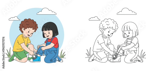 Boy and Girl Helping Each Other Tie Shoelaces Illustration, Colored and Line Art Version for Kids Coloring Page, Concept of Kindness, Social Skills, and Childhood Friendship