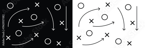 Soccer Match game strategy and tactic plan line icon. isolated on white and black background. Playbook of coach. Strategic organization on field for learning. Vector graphics. Vector illustration . 