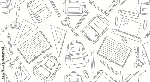 Seamless Pattern of School Supplies and Backpacks Outline