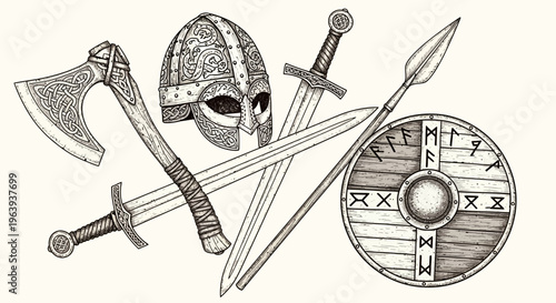 Viking Warrior Equipment Set with Axe Helmet Sword Shield and Spear