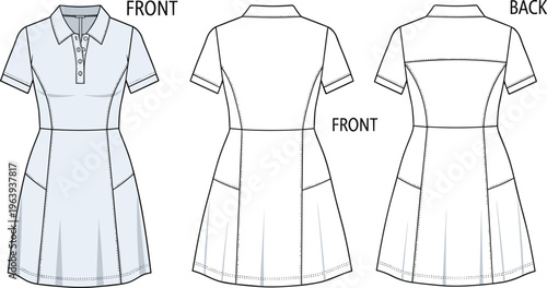 Technical collared dress sketch illustration, front and back view, button placket, pleated skirt, princess seams, garment construction, modern flat vector illustration