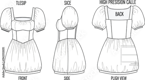 Technical fashion dress sketch illustration, front side back view, puff sleeves, square neckline, cinched waist, garment construction, modern flat vector illustration