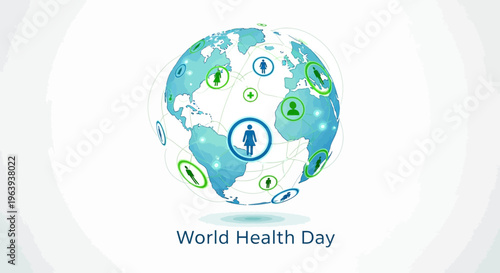 Illustration of a globe with health symbols on World Health Day, promoting global health awareness and a healthy lifestyle concept against a clean white background with a medical awareness