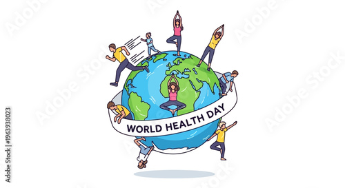 Illustration of World Health Day with diverse people around a globe, promoting global health awareness and a healthy lifestyle concept on a white background with colorful design elements.