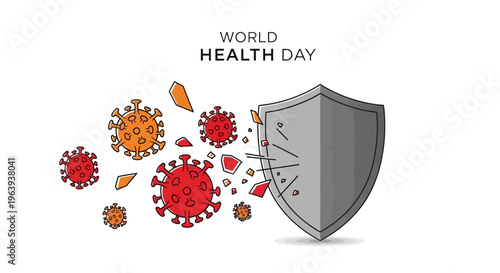 Vector illustration of a shield defending against various colorful virus particles on World Health Day, symbolizing global health awareness and protection.