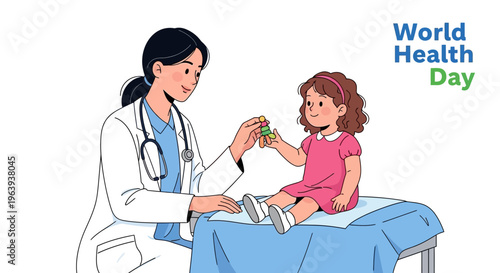 A female doctor examining a young girl on a medical table with a bandaged leg on World Health Day against a clean white background.