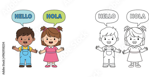 Bilingual Children Greeting with Hello and Hola Speech Bubbles, Colored and Line Art Illustration for Kids Coloring Page, Language Learning and Multicultural Concept
