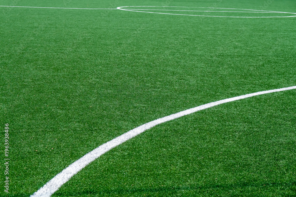 Obraz premium Soccer field with green grass and white line, sport background.