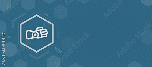 Abstract blue background with hex grid and glowing vector prosthetic hand, futuristic cybernetic arm, copy space