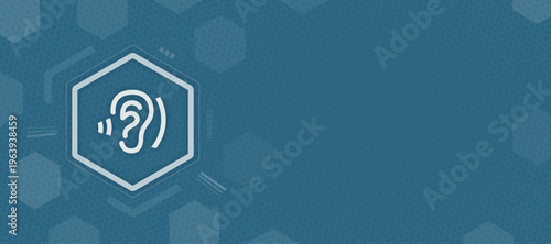 Abstract blue background with hex grid and glowing vector ear and sound waves, hearing and perception, copy space