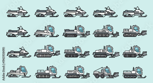 Set of Snowmobiles and Snow Groomers Icons