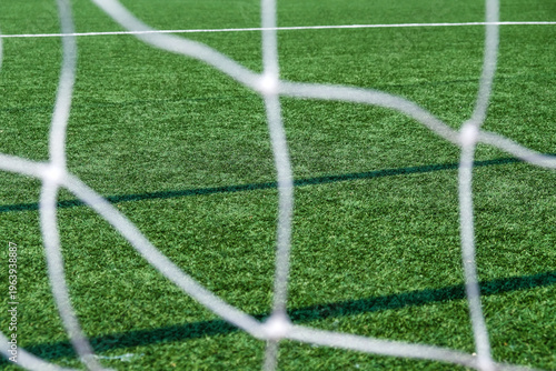 Soccer field green grass and net background. Football or soccer field