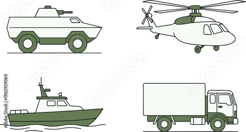 Military Vehicles and Transportation Icon Set
