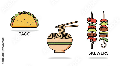 Set of Flat Vector Icons Featuring Taco, Noodles, and Meat Skewers