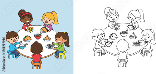 Diverse Children Sharing International Food Around Table Illustration Set with Coloring Page Outline Featuring Pizza Taco Sushi and Noodles for Educational Kids Activity and Design