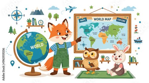 Cute Animals Learning Geography: Fox, Owl, Rabbit with World Map and Globe