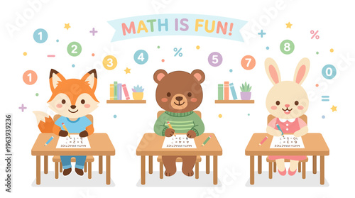 Cute Animals Learning Math at School