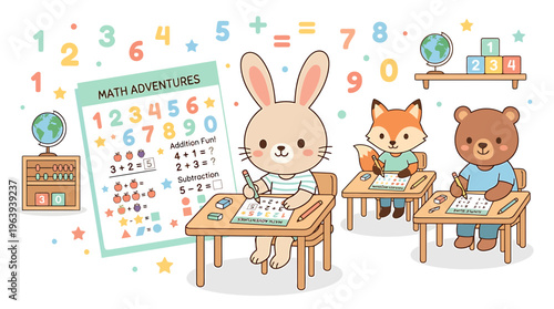 Cute Animals Learning Math in Classroom, Back to School, Education Concept