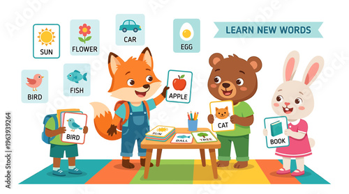 Cute Animals Learning New Words with Flashcards: Apple, Cat, Bird, Book