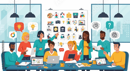 Diverse Team Brainstorming Ideas in a Modern Office Setting.